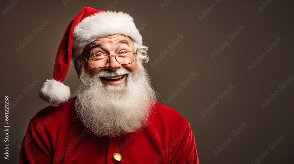 Real smiling Santa Claus, doing a shocked look on tan background Real smiling Santa Claus, doing a shocked look on tan background