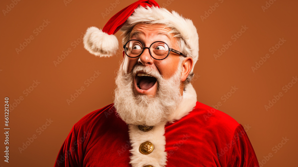 Real smiling Santa Claus, doing a shocked look on tan background Real smiling Santa Claus, doing a shocked look on tan background