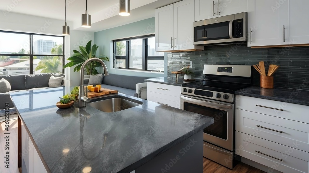 A modern kitchen with sleek appliances and granite countertops
A modern kitchen with sleek appliances and granite countertops