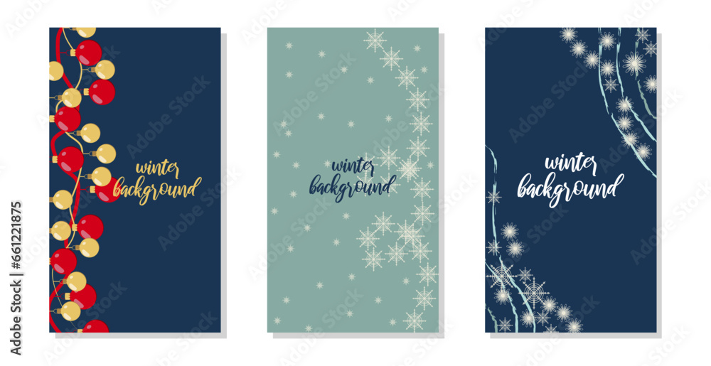 Background in social networks stories winter theme. Christmas balls and snowflakes. Vertical background template. Insta style elements of nature in blue white and dark blue tones. Vector illustration.