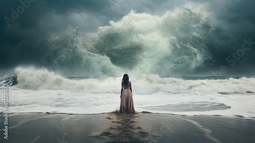 Beautiful woman watches the waves of the sea from the beach © Daniel