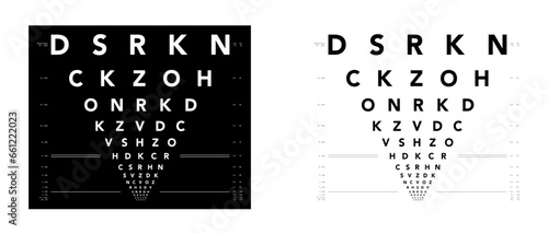 LogMAR chart Eye Test Chart medical illustration. Line vector sketch style outline isolated on white, black background. Vision board optometrist ophthalmic for examination Checking optical glasses