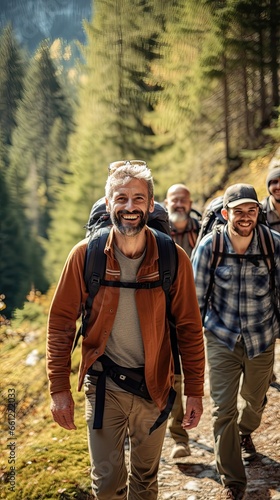 A group of adventurous men hike in the mountains while enjoying the scenery