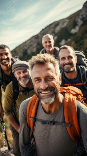 A group of adventurous men hike in the mountains while enjoying the scenery