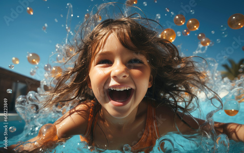 A happy child girl in the swimming pool