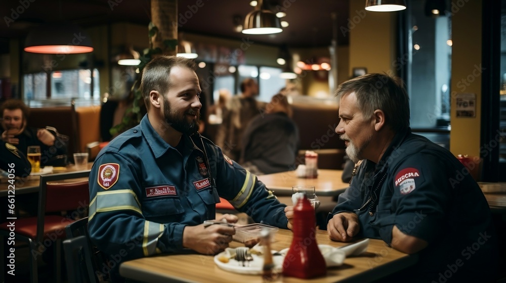 Paramedics man sharing a meal at a local cafe 

