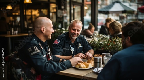 Paramedics man sharing a meal at a local cafe  