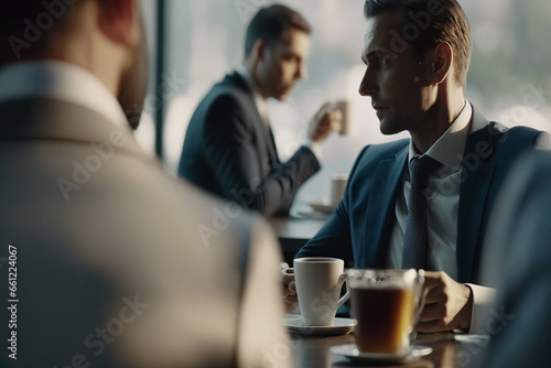 In a cozy coffee shop, business executives engage in a close-up discussion about work. Seated at a table with a blurred background. Generative AI. © TeacherPhoto