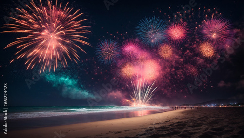 colorful fireworks over the beach sky background © adynue