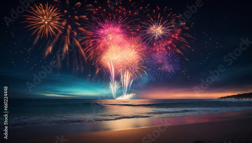 colorful fireworks over the beach sky background