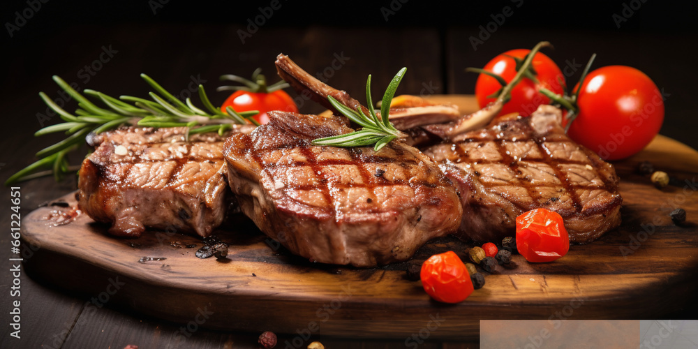 A large piece of steak with tarragon leaves,,
Tender Grilled Steak Garnished with Tarragon 
Generative Ai