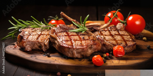 A large piece of steak with tarragon leaves,,
Tender Grilled Steak Garnished with Tarragon 
Generative Ai