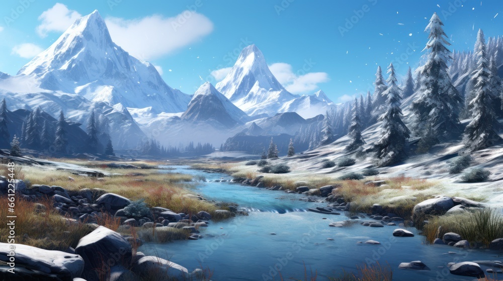 Winter valley with snow, ice river and vegetation in the background game art Winter valley with snow, ice river and vegetation in the background game art