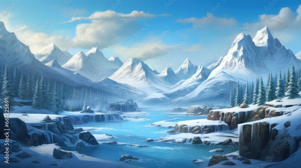 Winter valley with snow, ice river and vegetation in the background game art - obrazy, fototapety, plakaty 