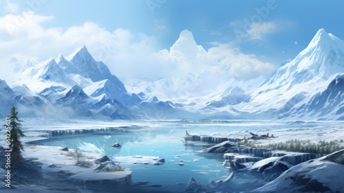 Winter valley with snow, ice river and vegetation in the background game art