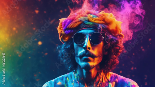Ai generative photo of a man in colorful smoke. Psychedelic portrait 