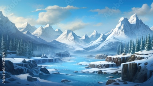 Winter valley with snow, ice river and vegetation in the background game art photo