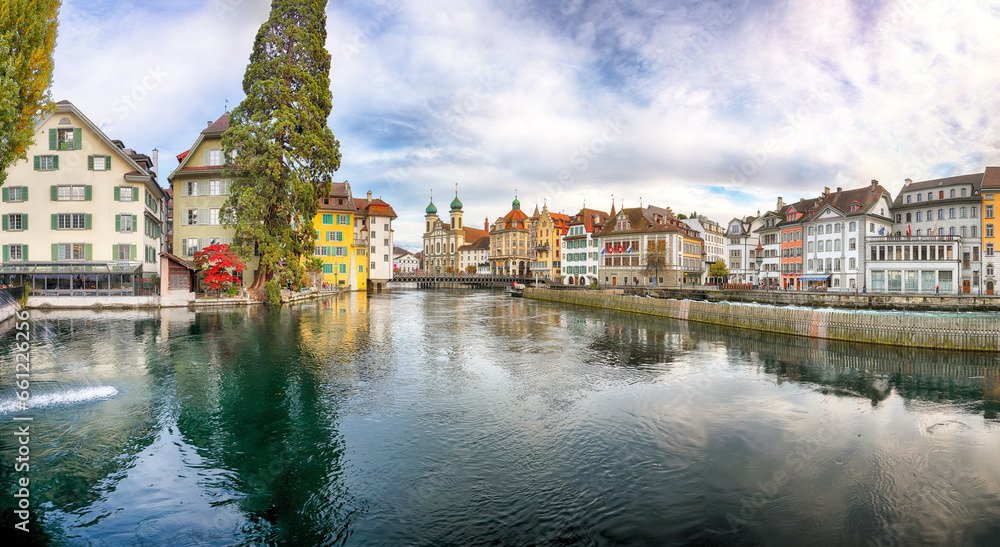 Amazing historic city center of Lucerne with famous buildings and lake Jesuitenkirche Church.