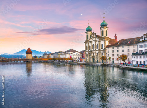 Gorgeous historic city center of Lucerne with famous buildings, old wooden Chapel Bridge (Kapellbrucke) and Jesuitenkirche Church