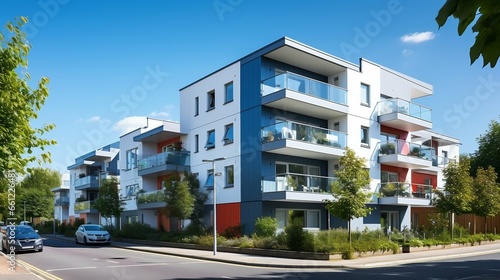 New modern block of flats in green area with blue sky 