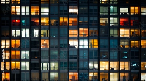 Pattern of office buildings windows illuminated at night 