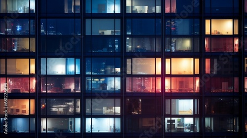 Pattern of office buildings windows illuminated at night 