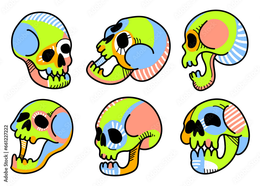 Skull icons colored pop art style. Different poses. Handmade drawing.