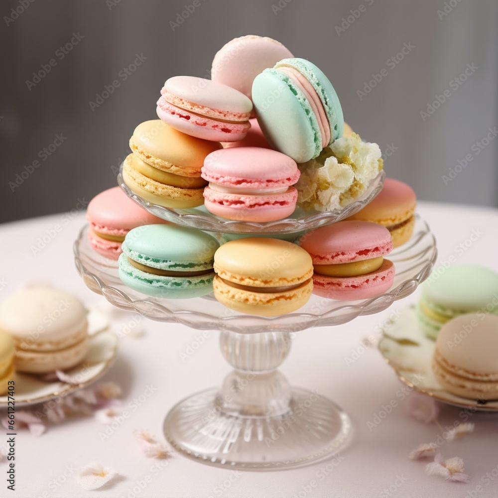 Assorted French macarons in pastel colors on a chic dessert stand