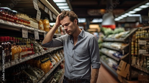 young man shopping in supermarket, seems to be frustrated, headache,  over the cost, inflation, worry about the price, no money to buy, overwhelming choices or high prices.