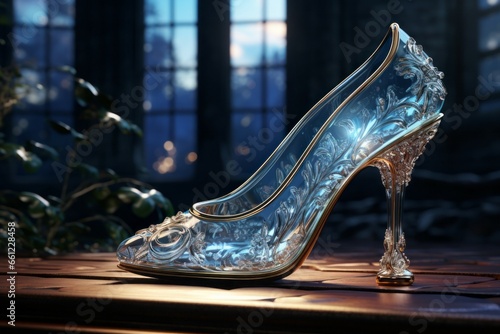 Glass slipper from fairy tales and legends. Background with selective focus and copy space photo