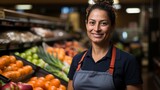 Smiling Hispanic Female Supermarket Worker with Fresh Produce looking at the camera