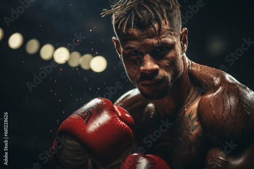 A powerful image of a professional boxer delivering a knockout punch in a championship bout, capturing the intensity and physicality of combat sports © Hunman