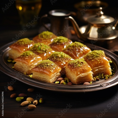 Tray of Baklava, Middle Eastern pastry with honey and pistachios