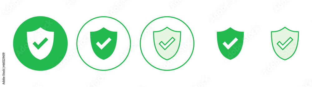 Shield check mark icon set. Protection approve sign. Safe icon vector Shield check mark icon set. Protection approve sign. Safe icon vector