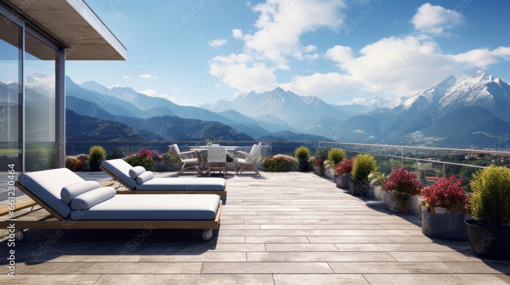 Scene of a modern villa with a rooftop terrace overlooking majestic mountain ranges, providing a stunning alpine panorama