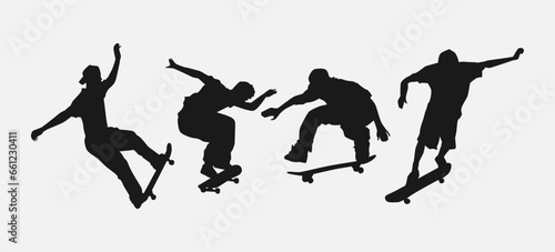 set of boys play skateboard silhouettes. vector illustration.