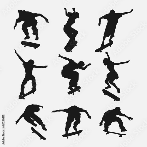 set of skateboarders. boys and girls. silhouette vector.