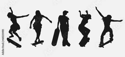 set of skateboarder girls silhouettes. vector illustration.