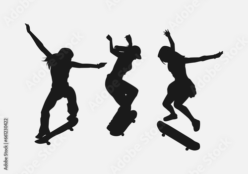 set of girls play skateboard silhouettes. vector illustration.