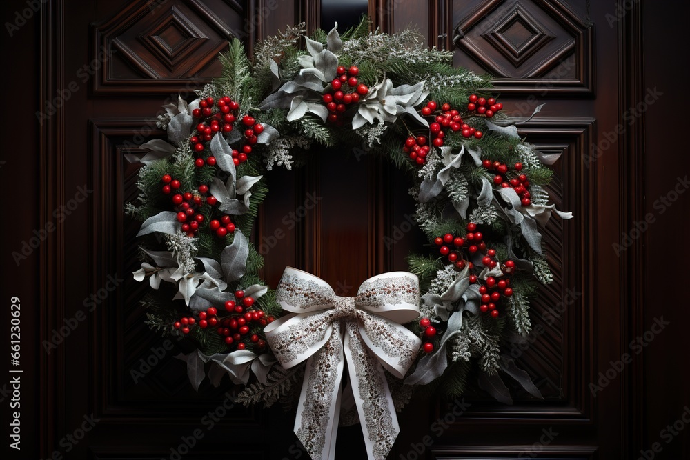 Festive holiday wreath, intricately woven with fragrant pine boughs, crimson berries Festive holiday wreath, intricately woven with fragrant pine boughs, crimson berries