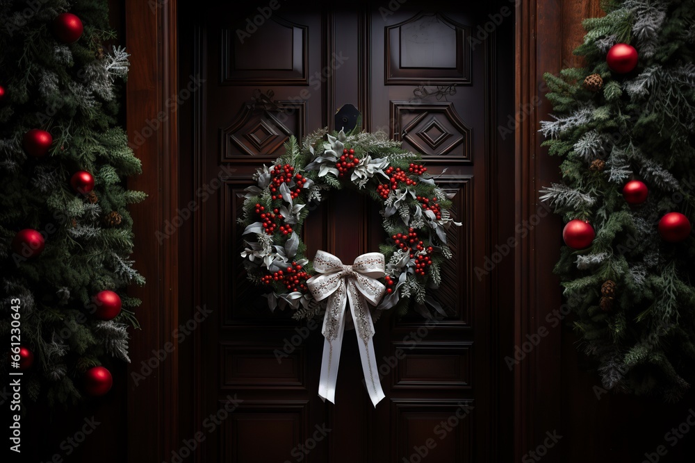Festive holiday wreath, intricately woven with fragrant pine boughs, crimson berries