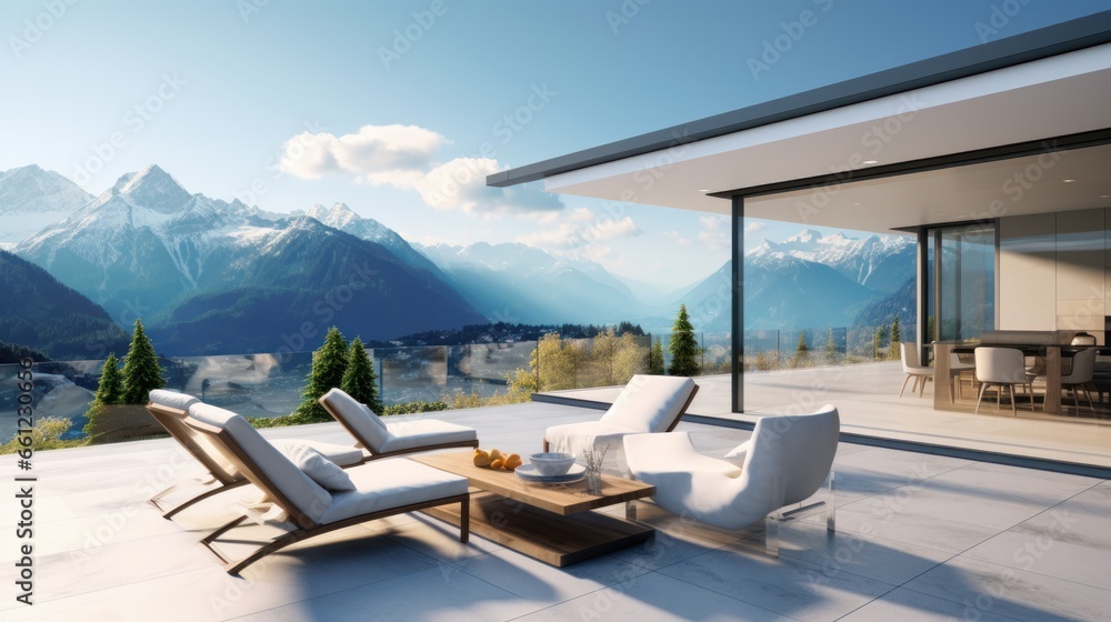 Fototapeta premium Scene of a modern villa with a rooftop terrace overlooking majestic mountain ranges, providing a stunning alpine panorama