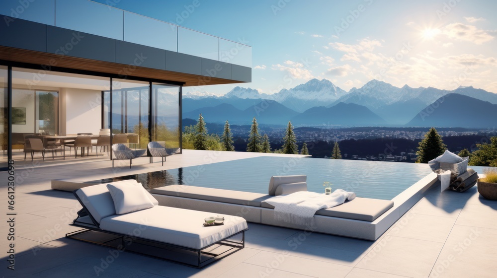 Scene of a modern villa with a rooftop terrace overlooking majestic mountain ranges, providing a stunning alpine panorama