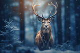 Fairytale reindeer on christmas forest background