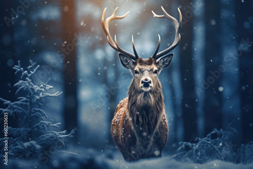 Fairytale reindeer on christmas forest background photo