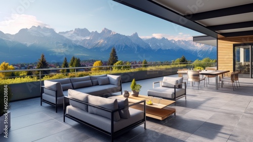 Scene of a modern villa with a rooftop terrace overlooking majestic mountain ranges  providing a stunning alpine panorama