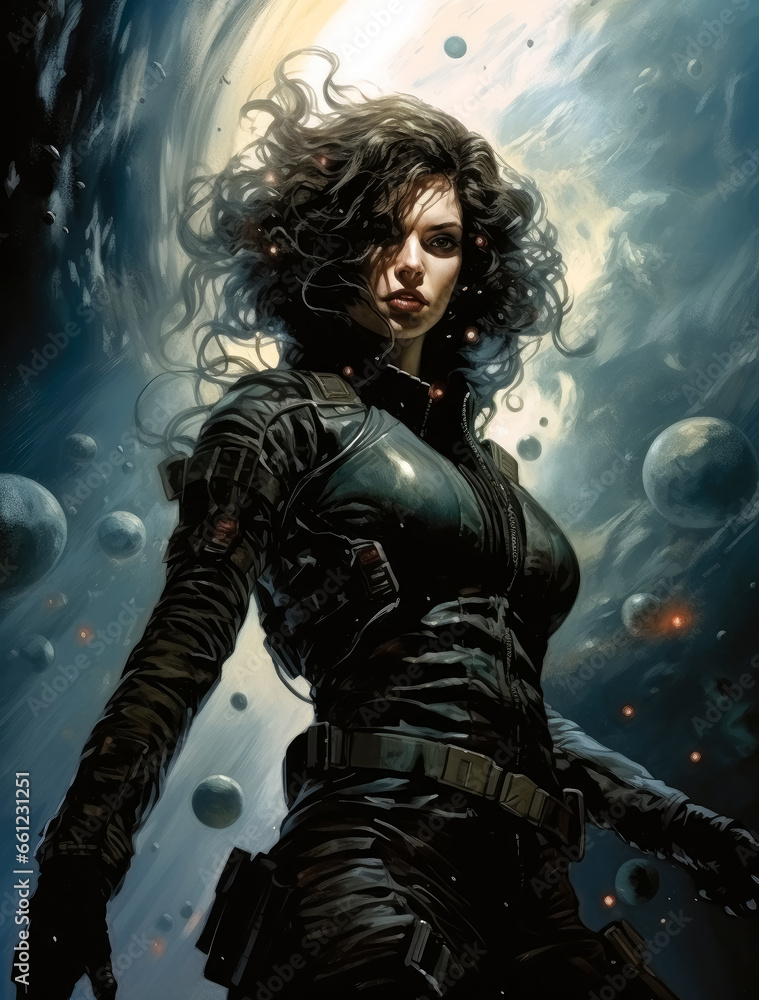 A female in space with a gun on her waist, in the style of realistic hyper-detailed portraits, comic art.
