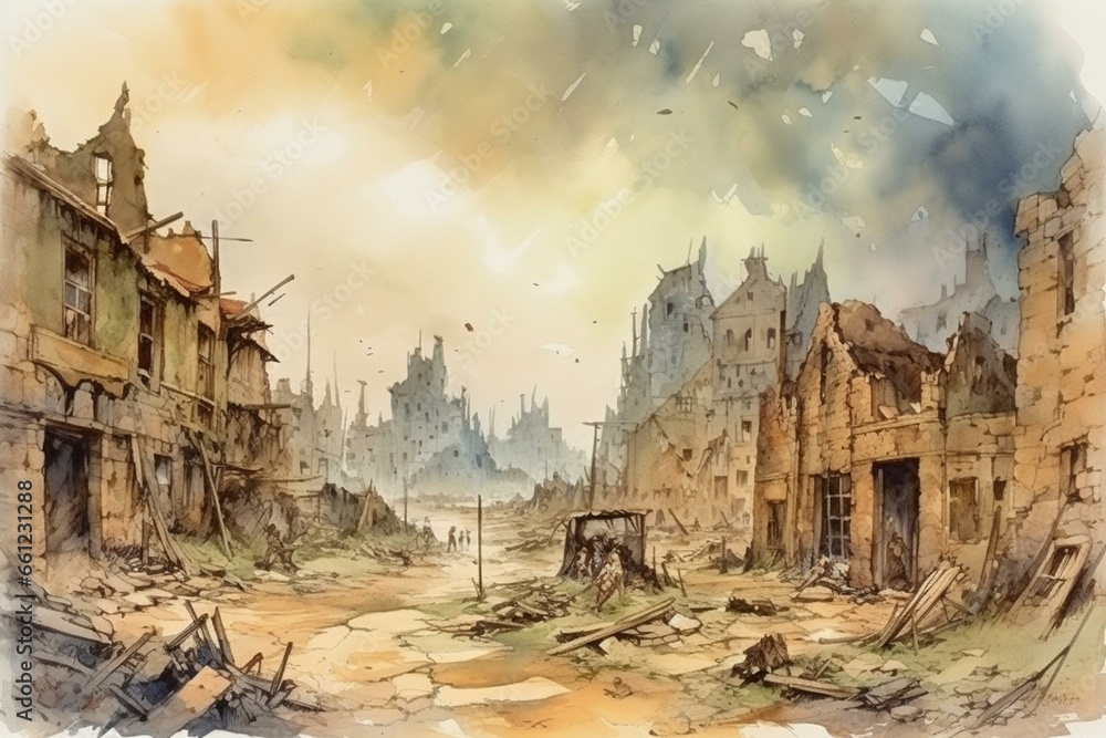 Watercolor illustration of a city destroyed in war. Generative AI