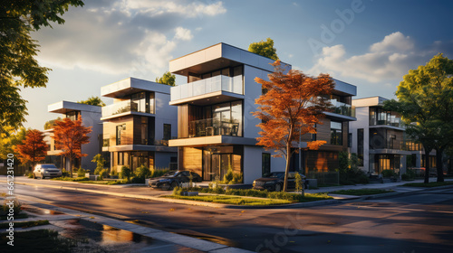 Futuristic urban living: geometric cubic shaped modern houses creating a visually striking and contemporary architectural landscape