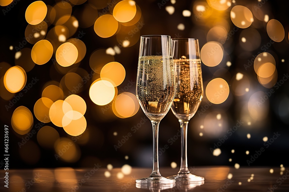A festive New Year champagne flutes and glittering confetti in the background A festive New Year champagne flutes and glittering confetti in the background